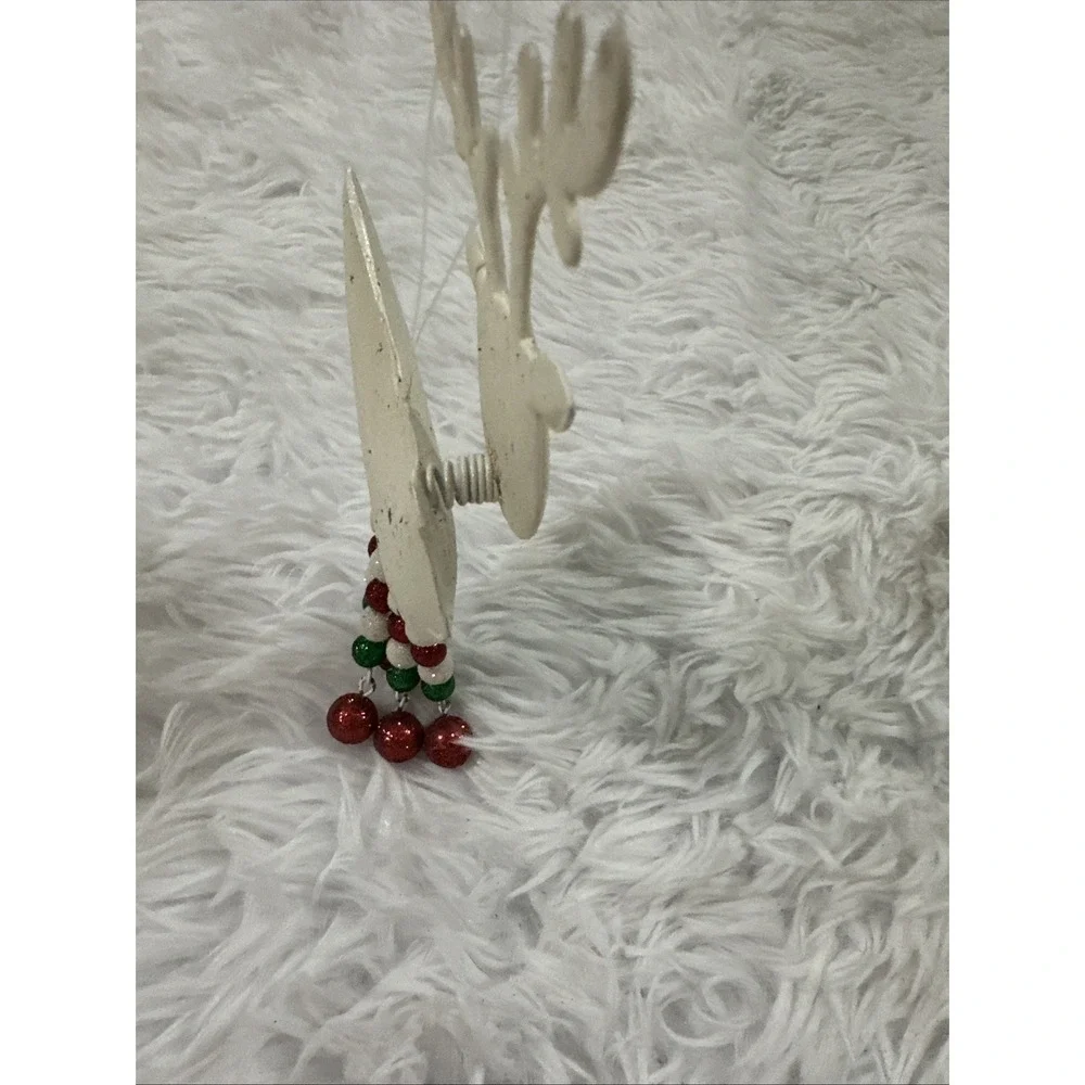 Vintage Pier‎ 1 White Glitter Reindeer Bobble Head Red And White Dangle Legs